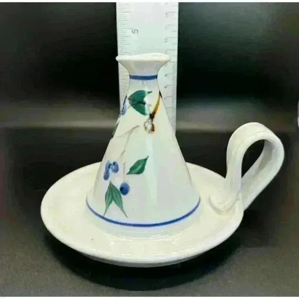 Signed Georgetown Pottery Maine ‘94 Candlestick Blueberries Green Leaf Handle
